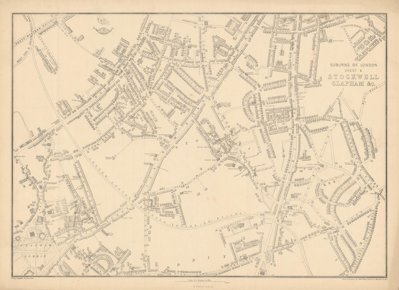 SOUTH LONDON. Stockwell Clapham North/Common Brixton Battersea. WELLER 1863 map